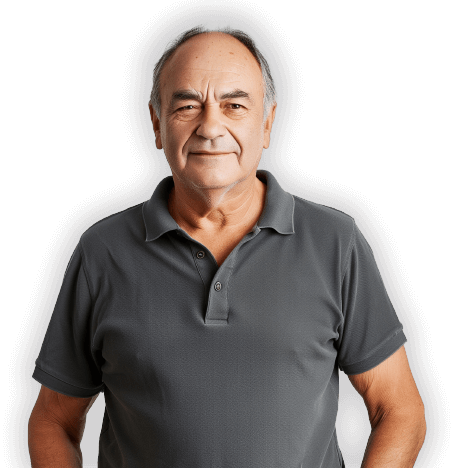 Older gentleman wearing a grey polo shirt.