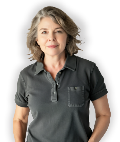 Middle aged woman wearing a grey polo shirt.